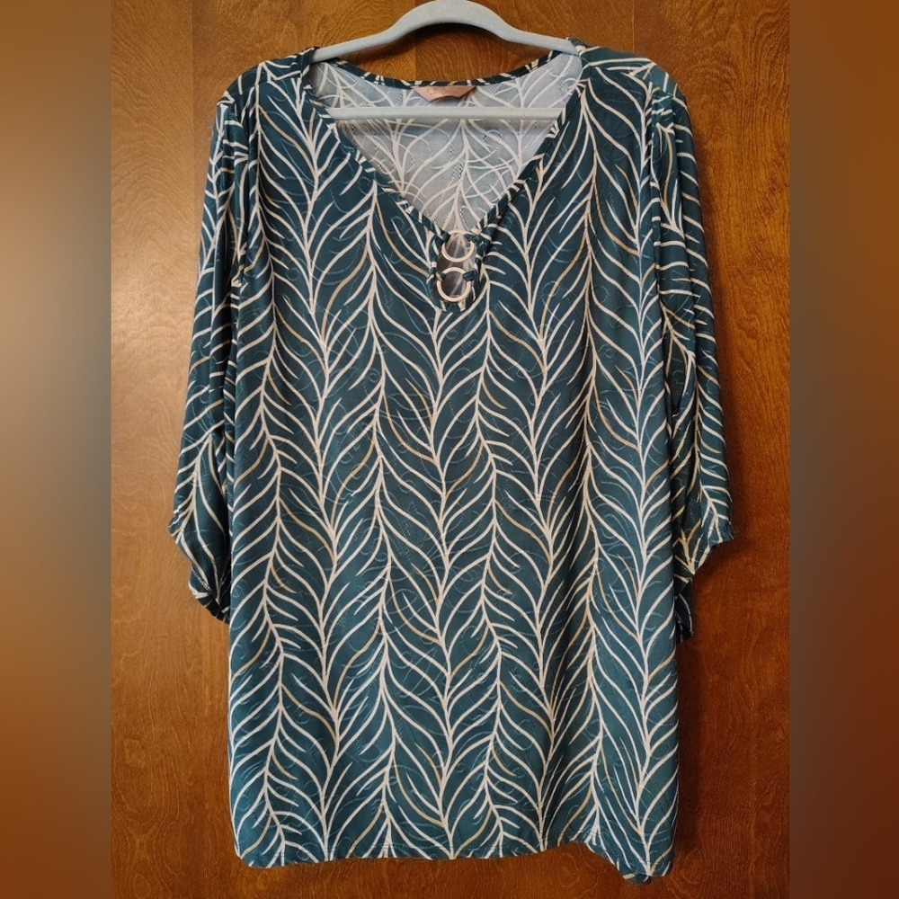 Amiana Teal and White Leaf Pattern Blouse